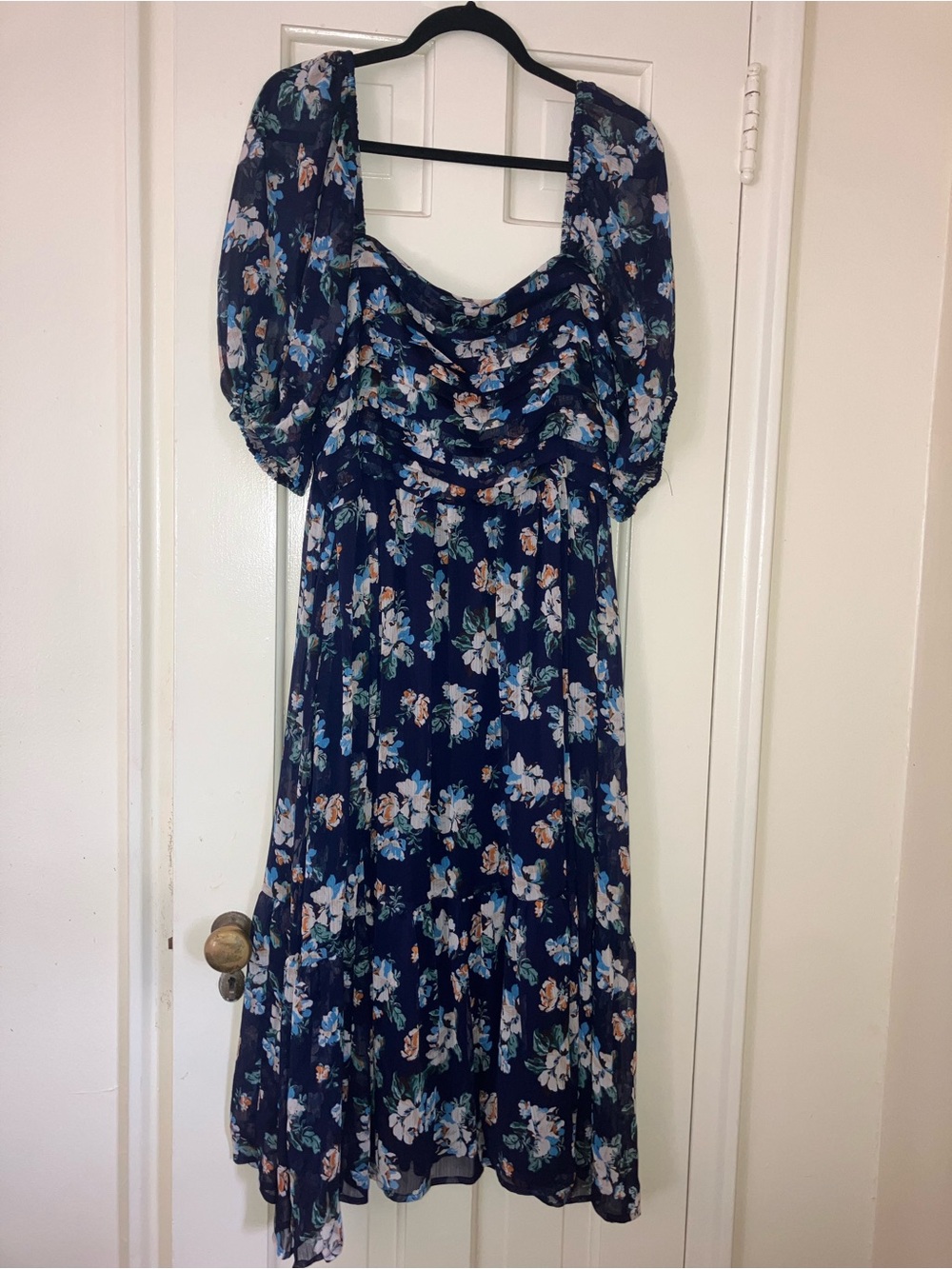 LC Lauren Conrad Navy Floral Puff-Sleeve Midi Dress